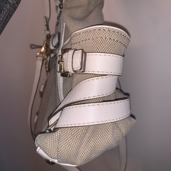 Michael Kors Gansevoort Canvas Satchel Leather Handbag Tan White - Picture 4 of 12